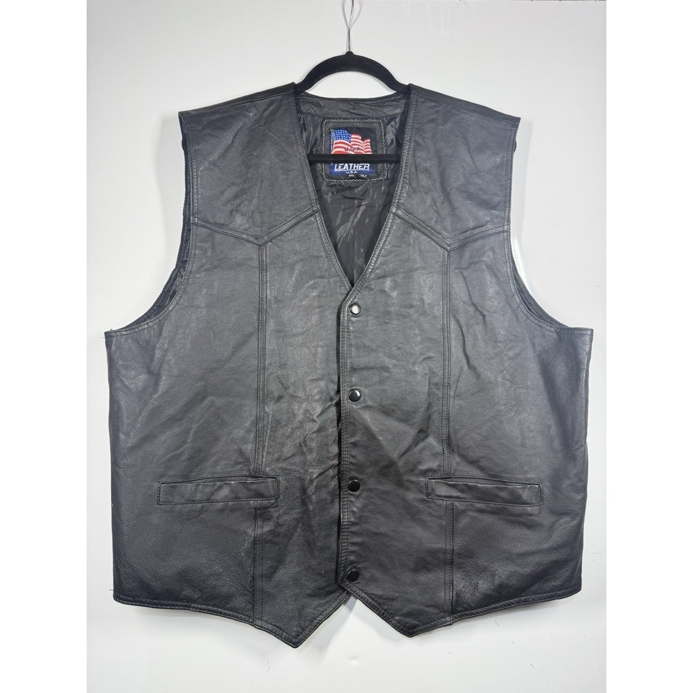USA Leather Vest Mens Size 3XL Black POW MIA Patch Motorcycle Military Veteran